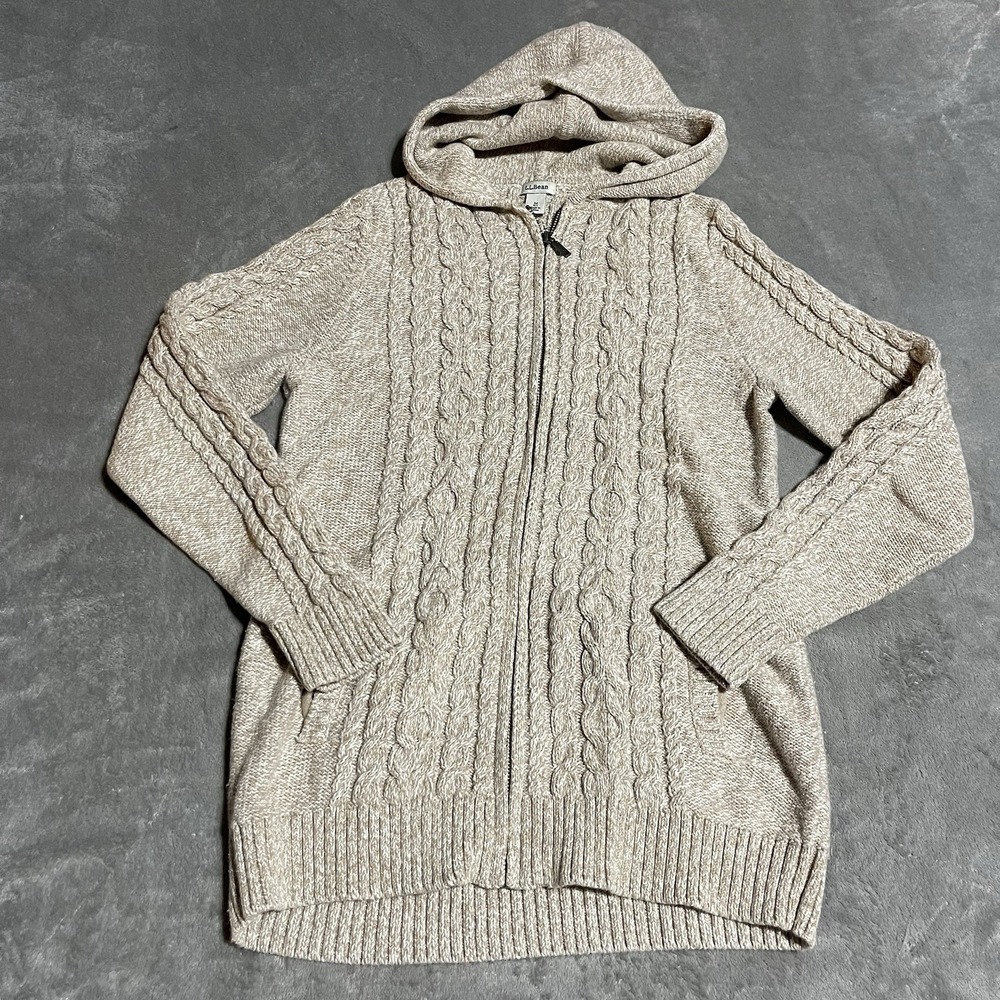 LL Bean Sweater Womens Med Beige Cable Knit Full Zip Mock Neck Chunky Cardigan